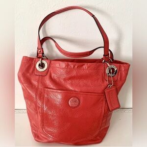 COACH Bag NEW VINTAGE Coral Orange Silver Tote Handbag Authentic Purse Logo Tag